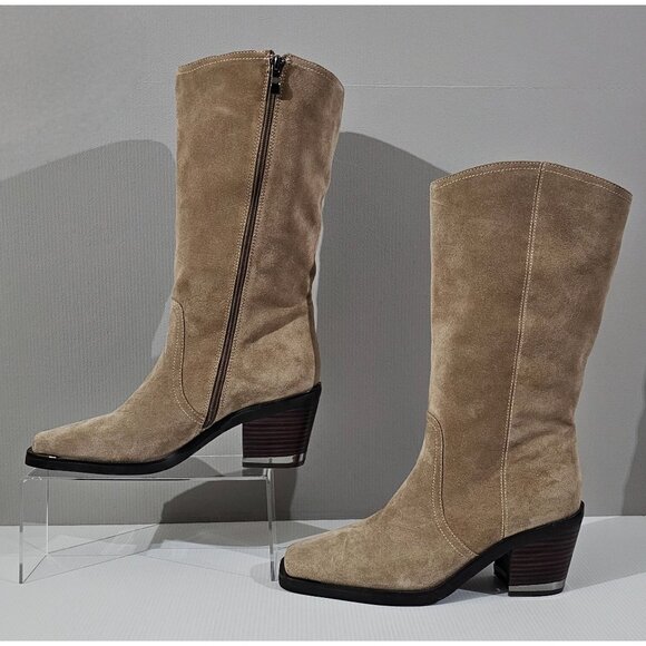 Vince Camuto Babellie Mid Calf Western Boot Square Toe Taupe Tan Suede Size 10 - Picture 2 of 14